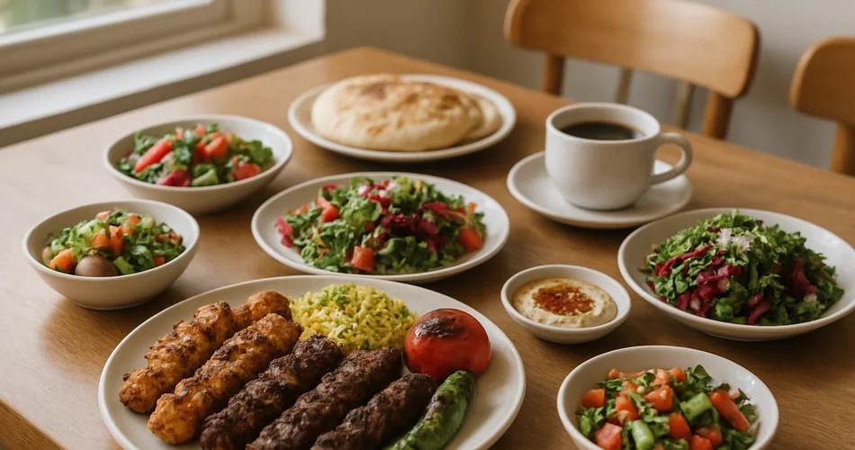 A Middle Eastern meal with grilled dishes, salads, and coffee sits on a café table.