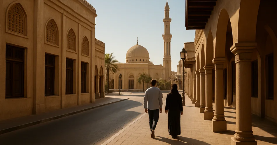 A shaded Sharjah streetscape with traditional architecture and distant pedestrians.